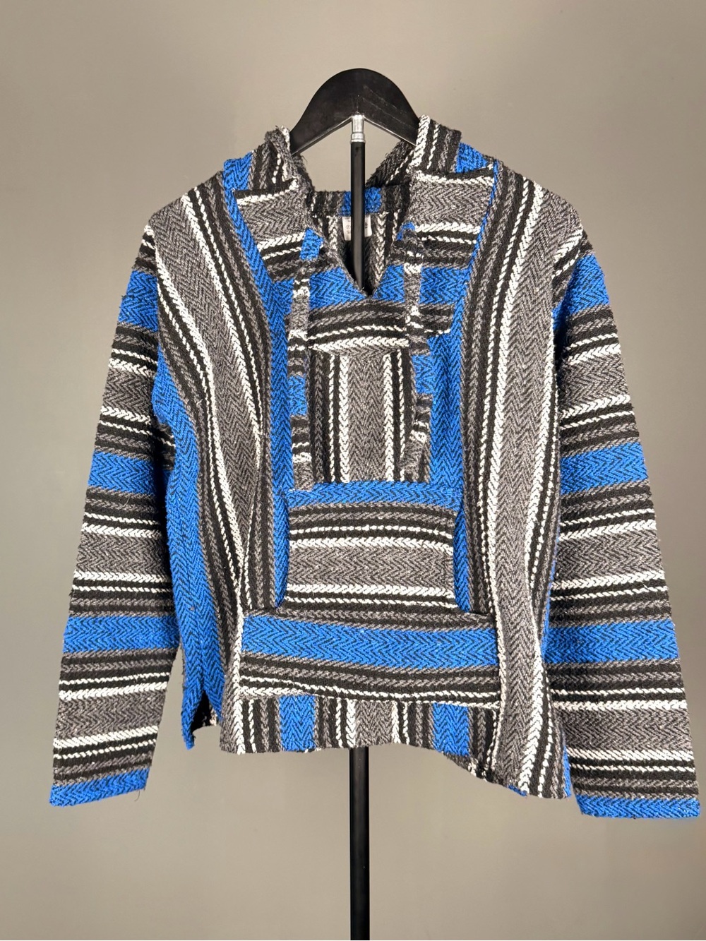 Artesanias Mickey Baja Hoodie Pullover Blue Gray Striped Mexican Drug Rug Size M